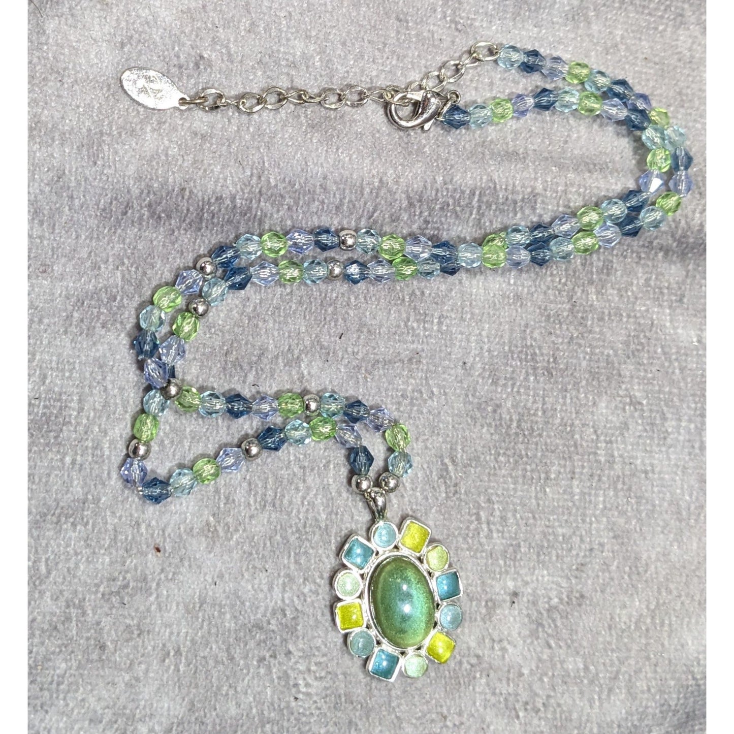 Village Blue And Green Pendant Necklace With Enamel Accents