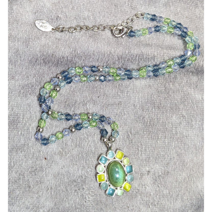 Village Blue And Green Pendant Necklace With Enamel Accents