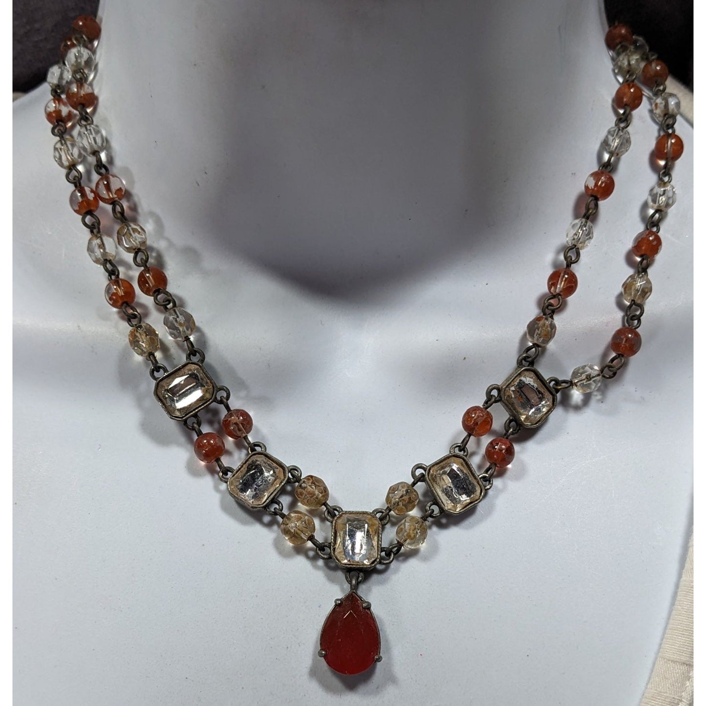 Vintage Avon 80s Clear And Brown Beaded Gemmed Necklace