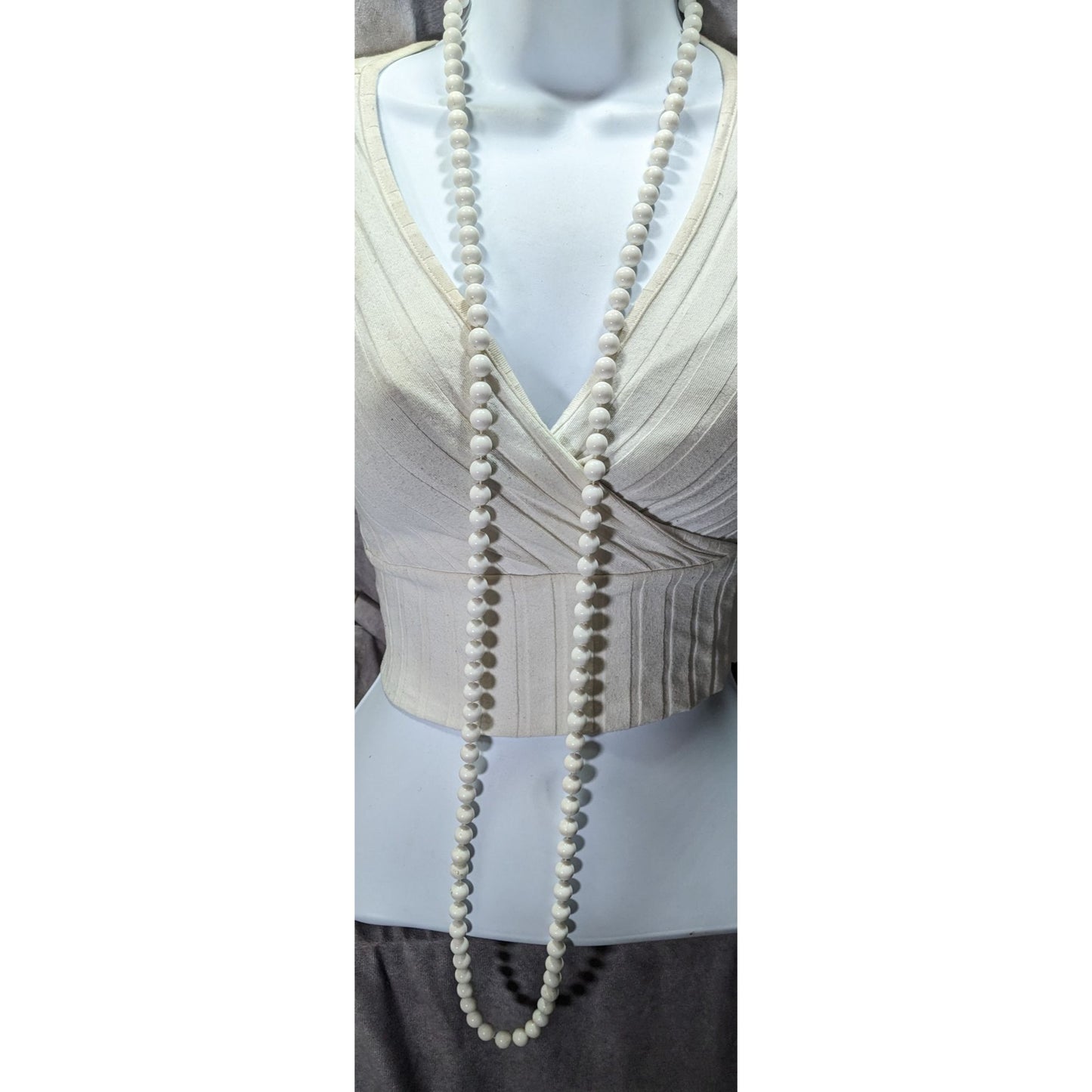 Retro White Extra Long Plastic Beaded Necklace