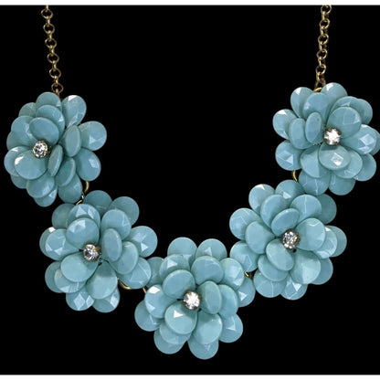 Vintage J.Crew Blue Floral Statement Necklace Rhinestone Flower Bib Chunky
