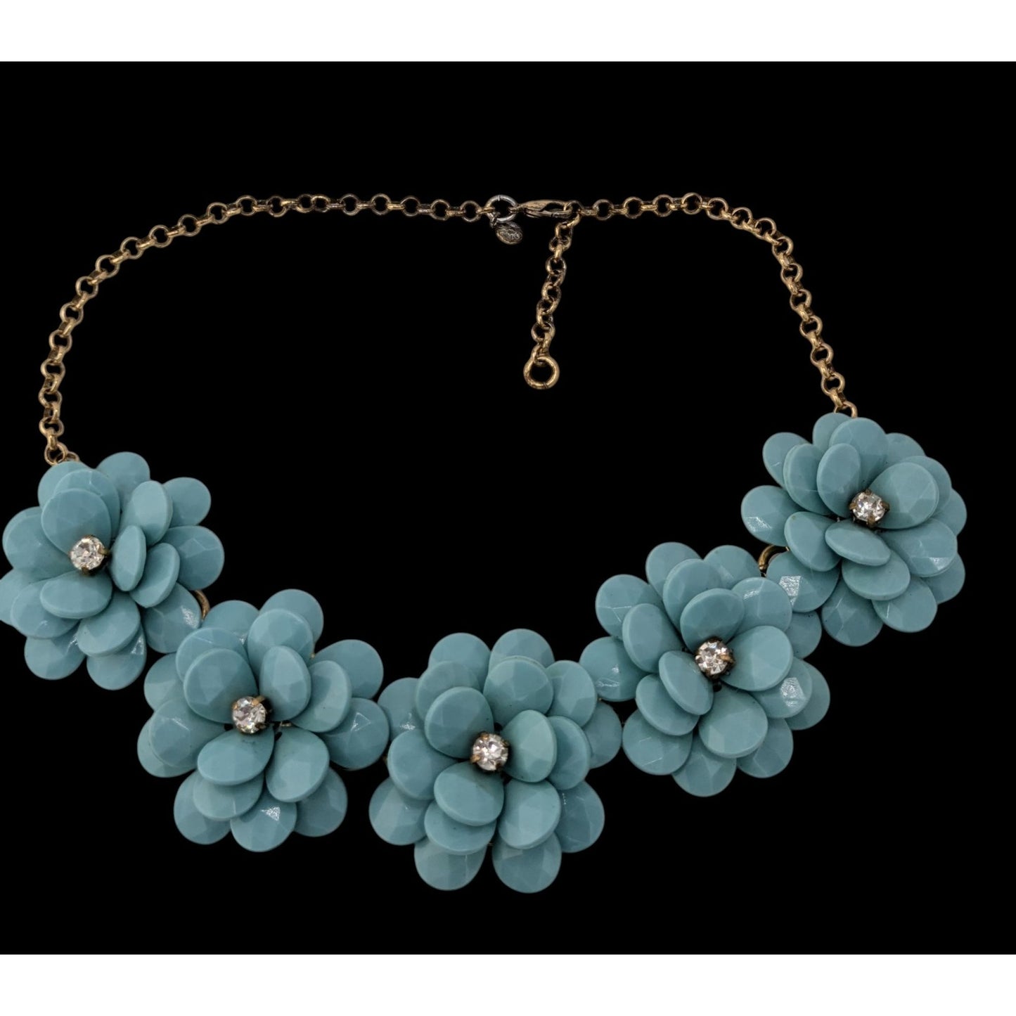 Vintage J.Crew Blue Floral Statement Necklace Rhinestone Flower Bib Chunky