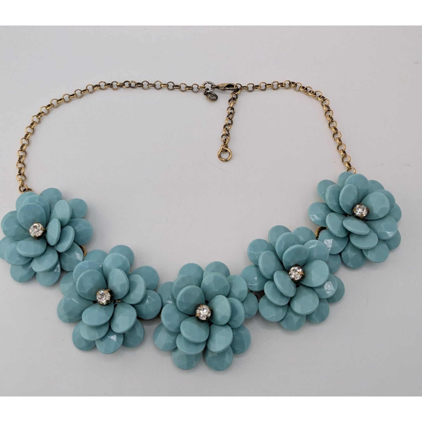 Vintage J.Crew Blue Floral Statement Necklace Rhinestone Flower Bib Chunky