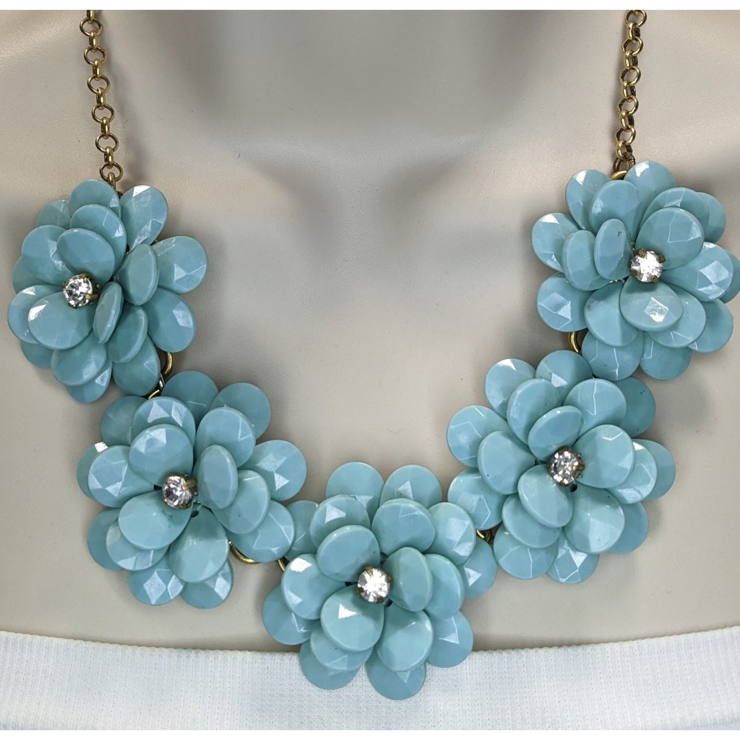 Vintage J.Crew Blue Floral Statement Necklace Rhinestone Flower Bib Chunky