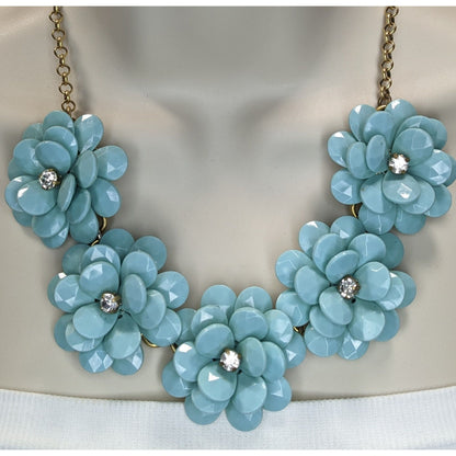 Vintage J.Crew Blue Floral Statement Necklace Rhinestone Flower Bib Chunky