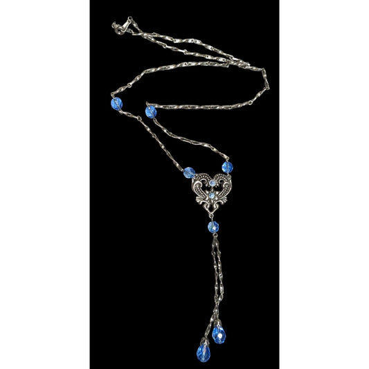 Vintage Avon Fairycore Heart Blue And Silver Tone Lariat Necklace