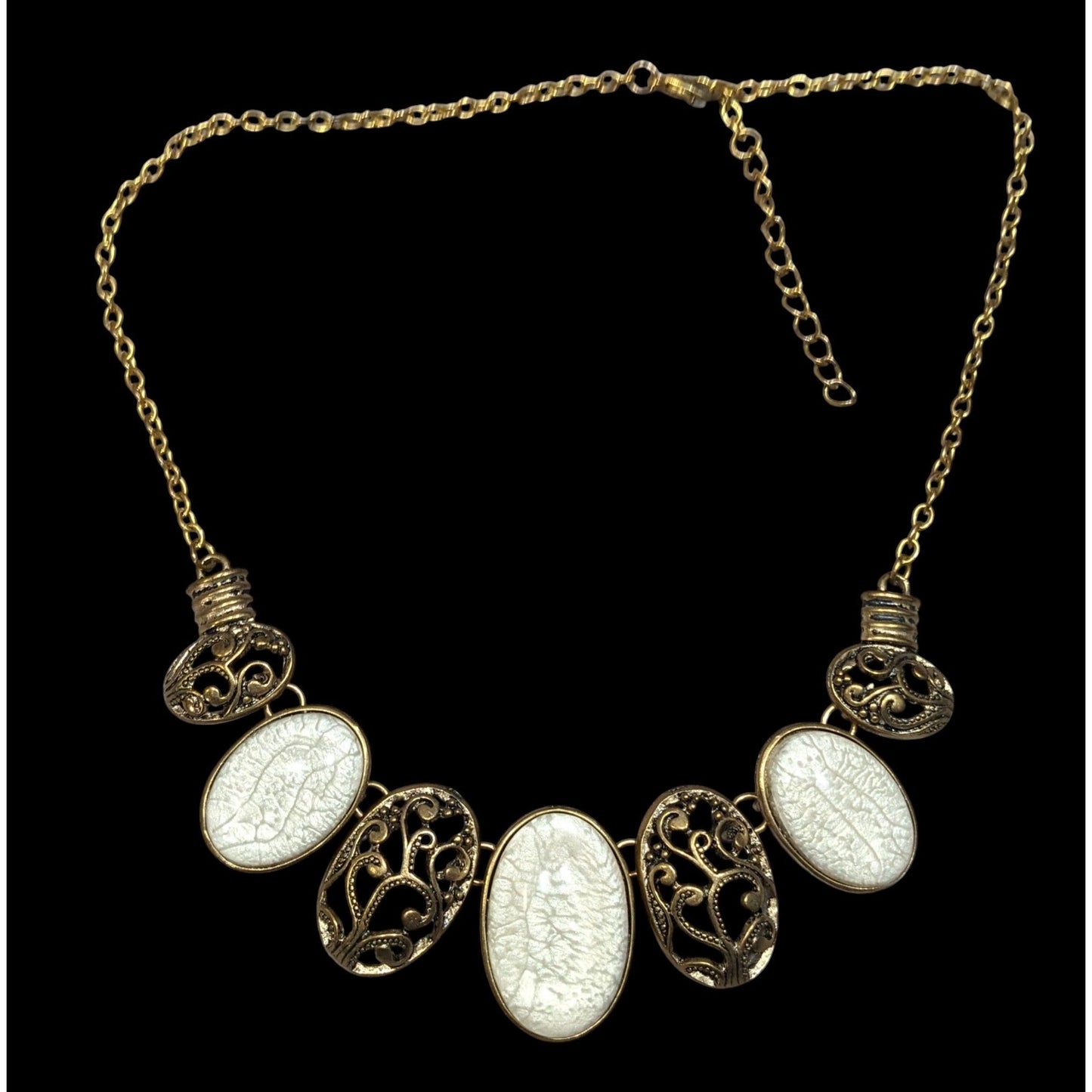 Elegant Art Nouveau Style White Crackle And Gold Tone Bib Necklace