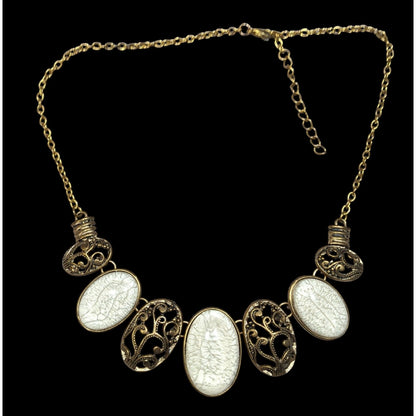 Elegant Art Nouveau Style White Crackle And Gold Tone Bib Necklace