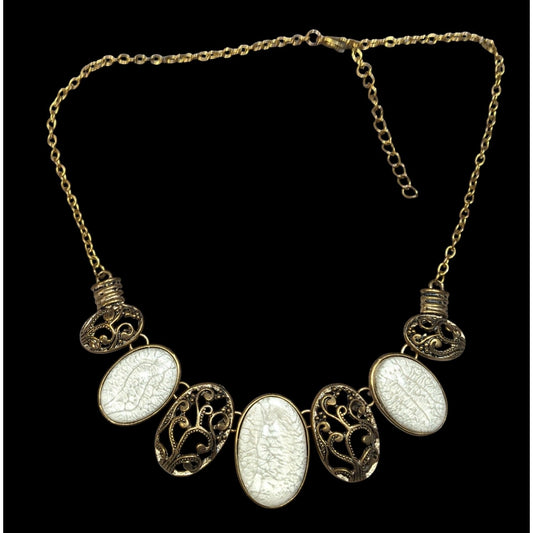 Elegant Art Nouveau Style White Crackle And Gold Tone Bib Necklace