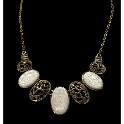 Elegant Art Nouveau Style White Crackle And Gold Tone Bib Necklace