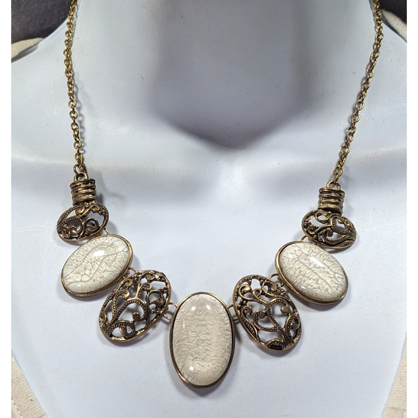 Elegant Art Nouveau Style White Crackle And Gold Tone Bib Necklace