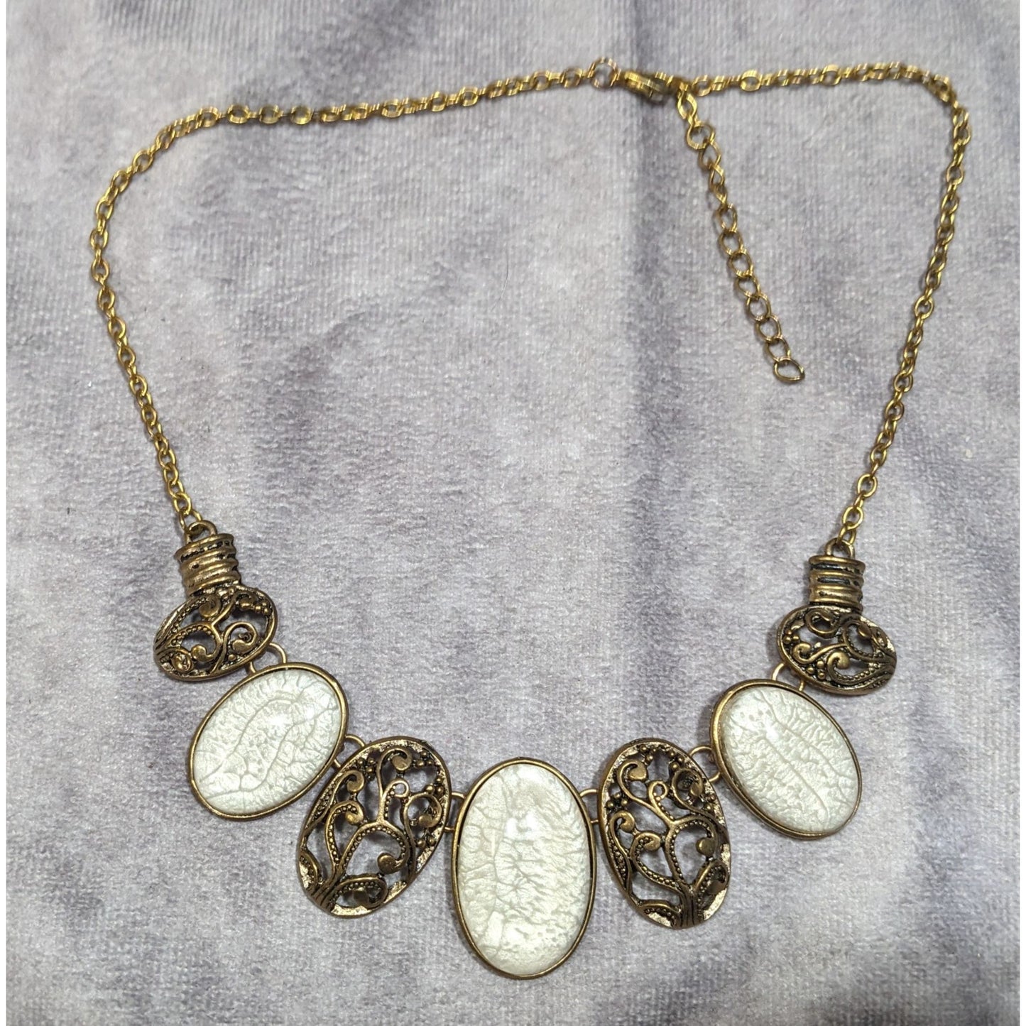 Elegant Art Nouveau Style White Crackle And Gold Tone Bib Necklace