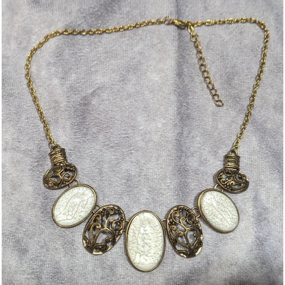 Elegant Art Nouveau Style White Crackle And Gold Tone Bib Necklace