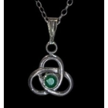 Vintage Celtic Knot Pendant Necklace Sterling Silver Green Gem Dainty