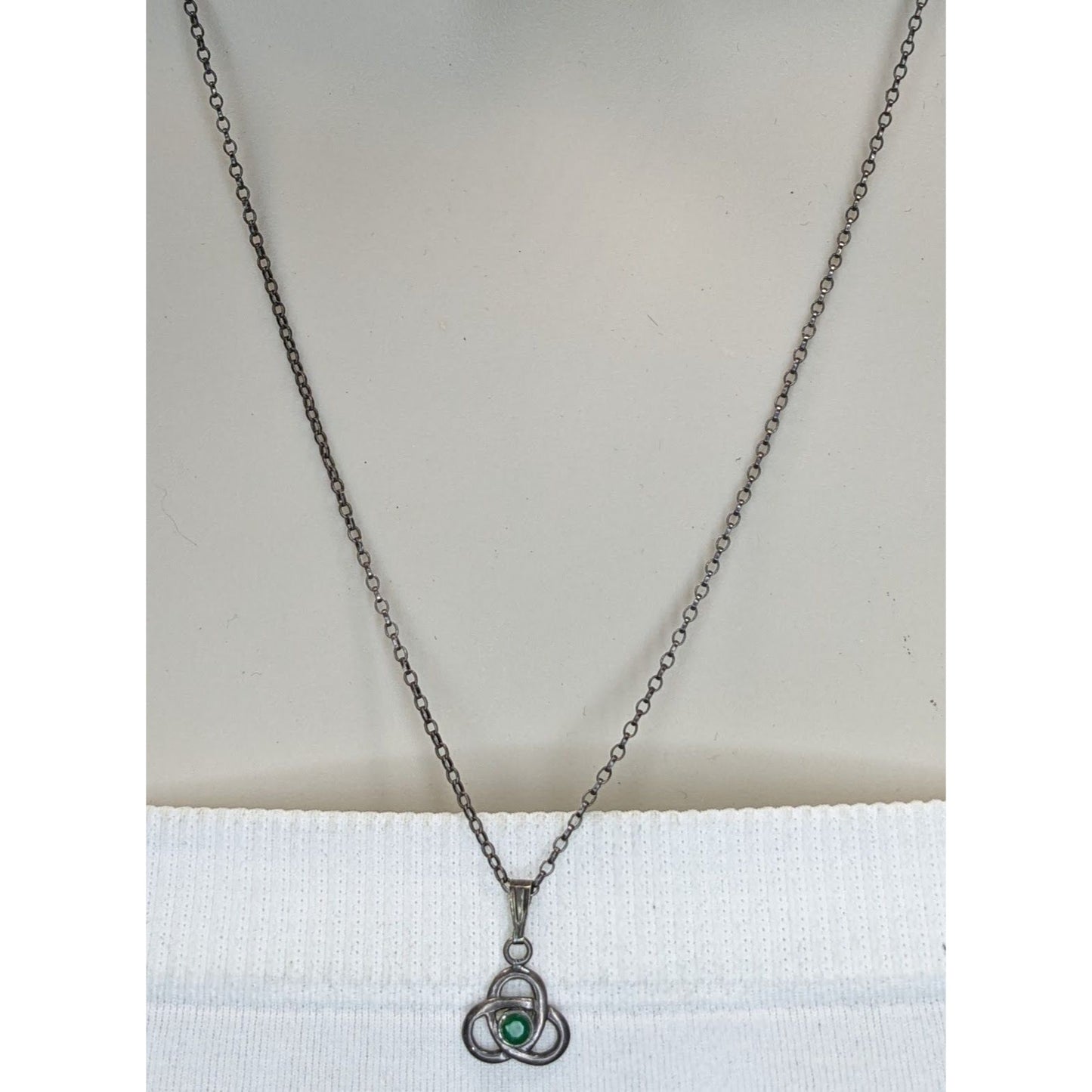 Vintage Celtic Knot Pendant Necklace Sterling Silver Green Gem Dainty