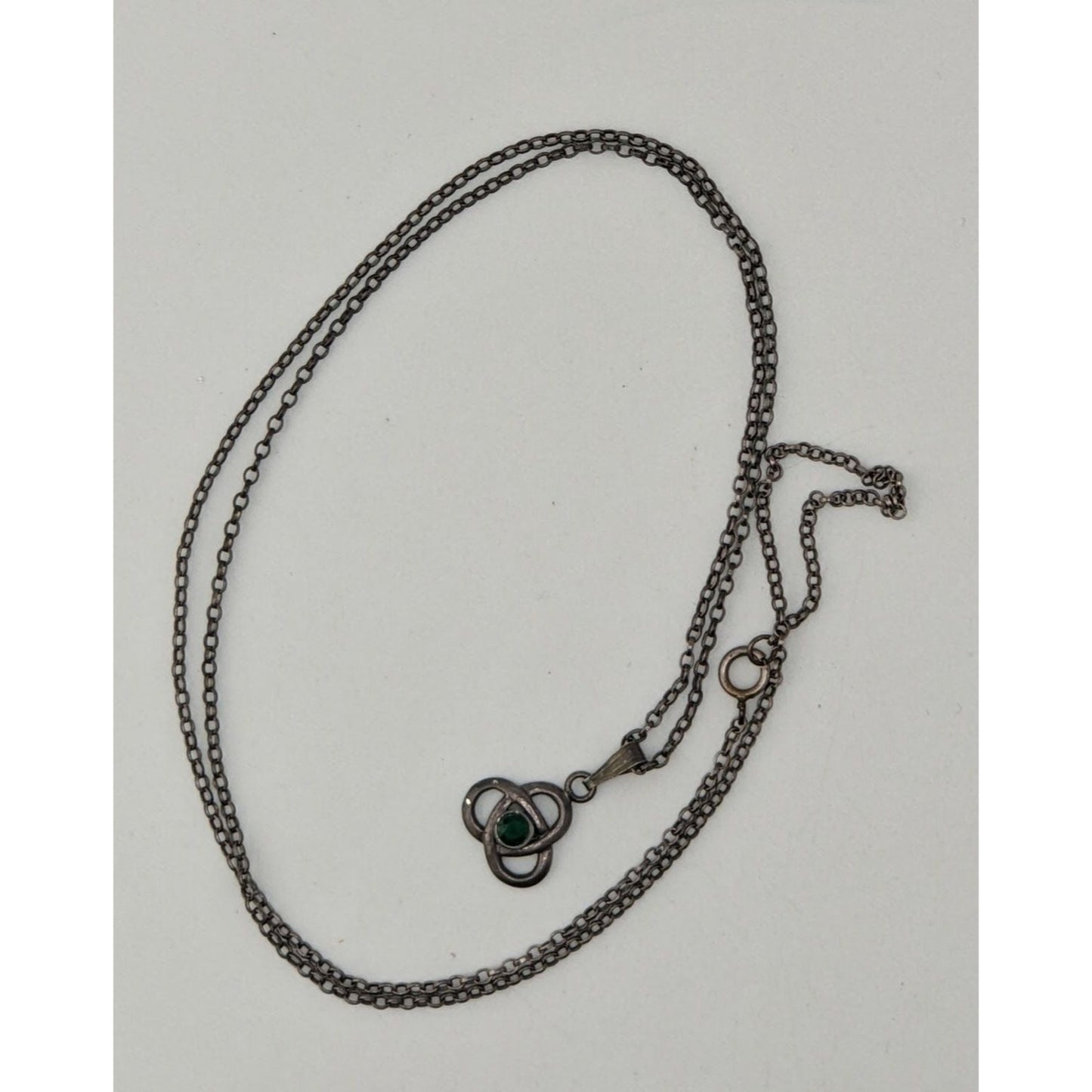 Vintage Celtic Knot Pendant Necklace Sterling Silver Green Gem Dainty