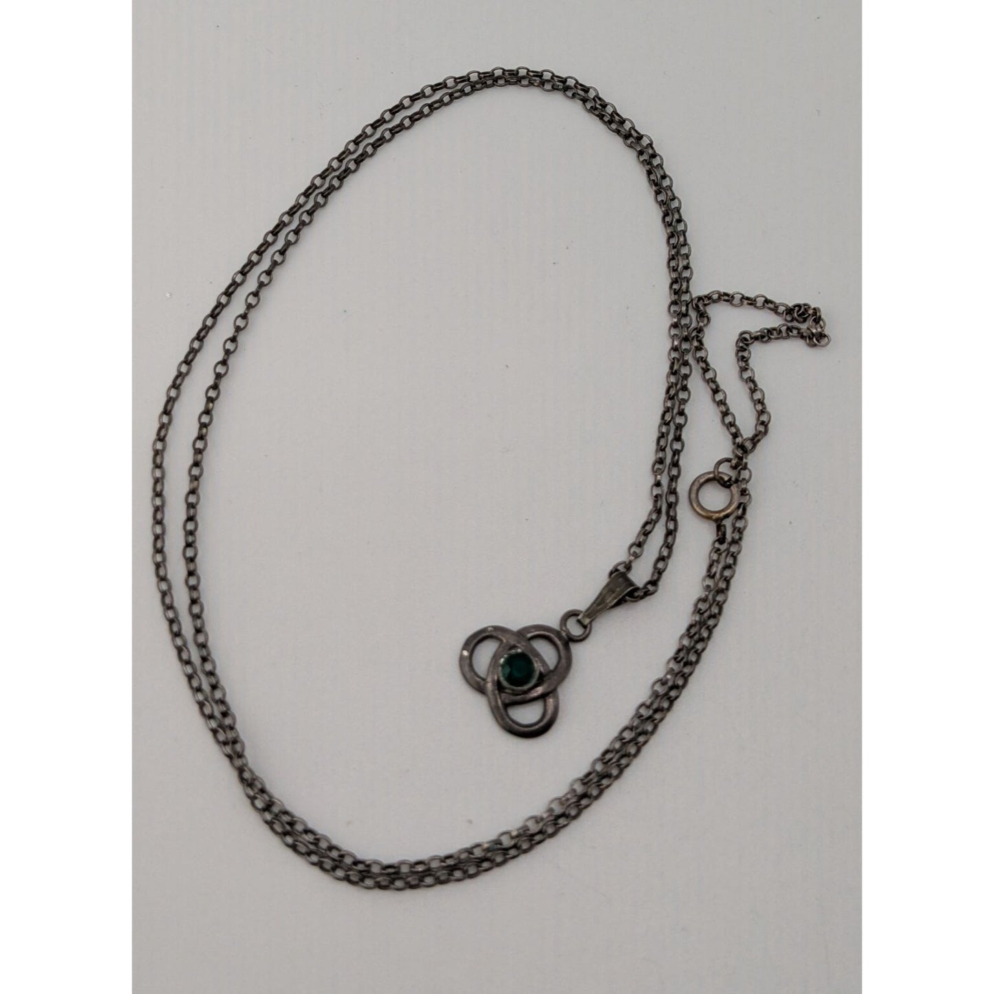 Vintage Celtic Knot Pendant Necklace Sterling Silver Green Gem Dainty