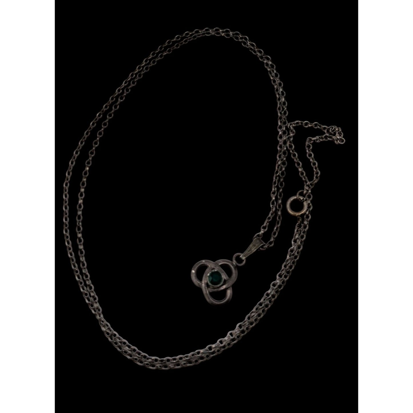 Vintage Celtic Knot Pendant Necklace Sterling Silver Green Gem Dainty