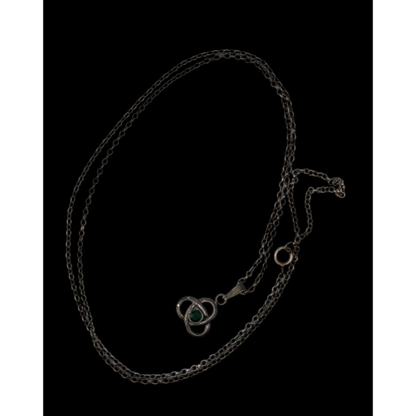 Vintage Celtic Knot Pendant Necklace Sterling Silver Green Gem Dainty