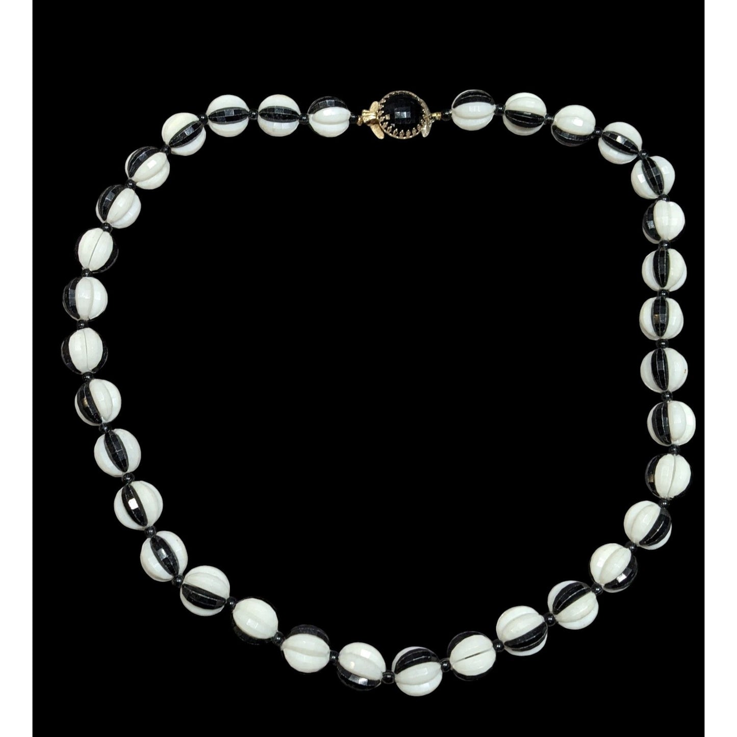 Vintage Black And White Hollow Faceted Beaded Necklace