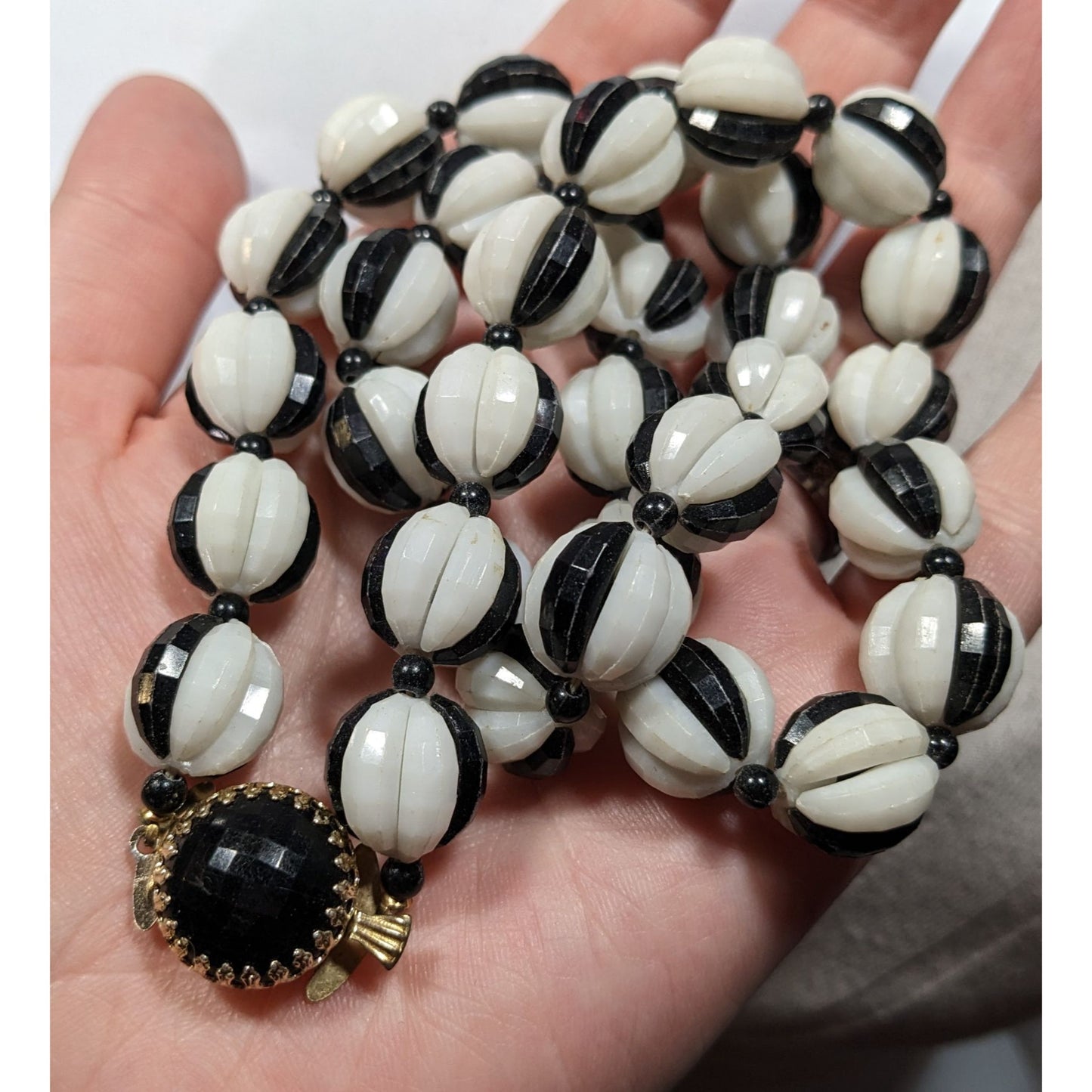 Vintage Black And White Hollow Faceted Beaded Necklace