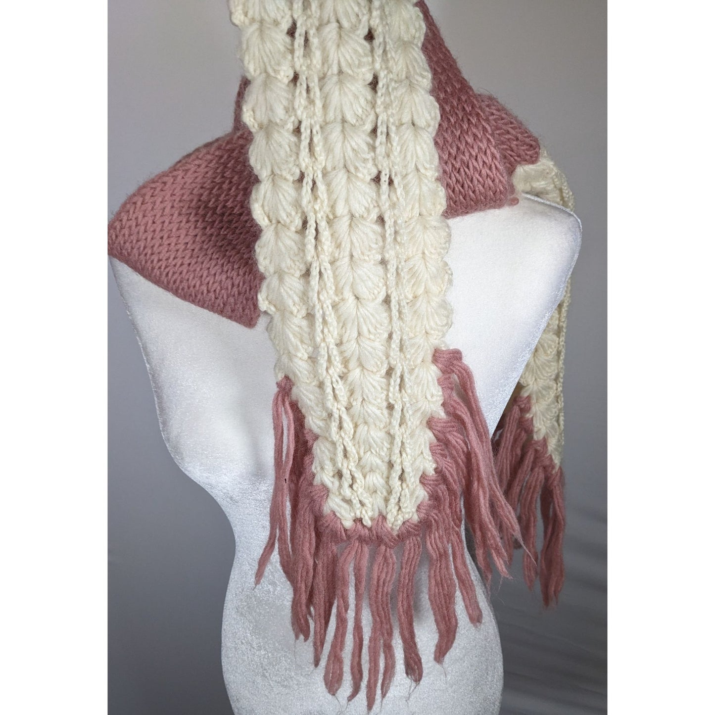 Vintage Handmade Victorian Rose Pink And Cream Scarf