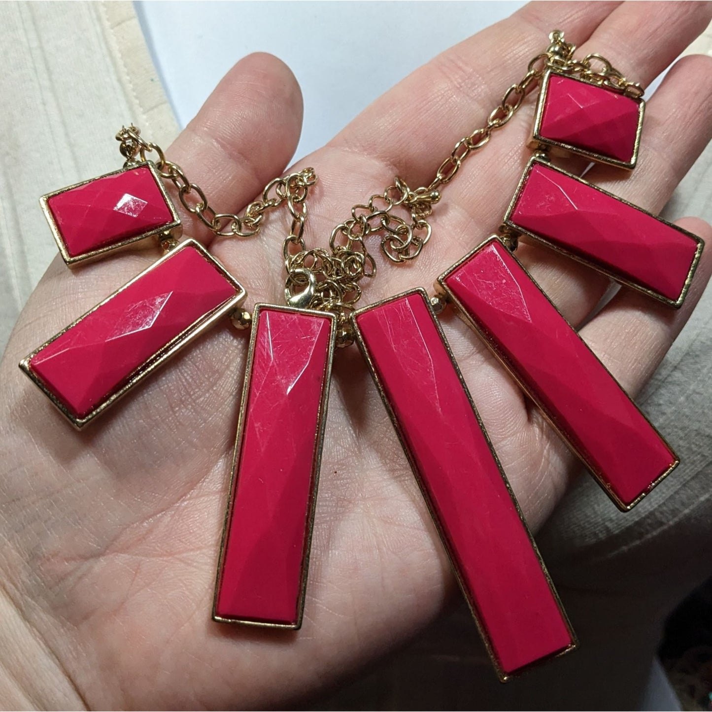 80s Glam Pink And Gold Tone Graduated Pillar Necklace
