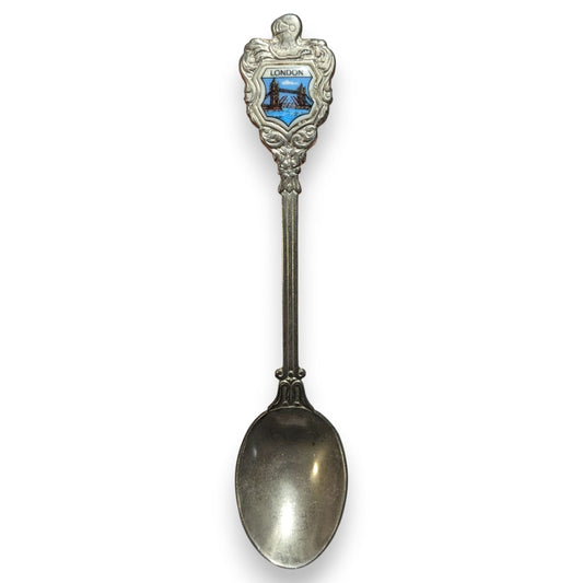 Vintage Travel Silver Tone Blue London Tower Bridge Souvenir Spoon 5 Inch