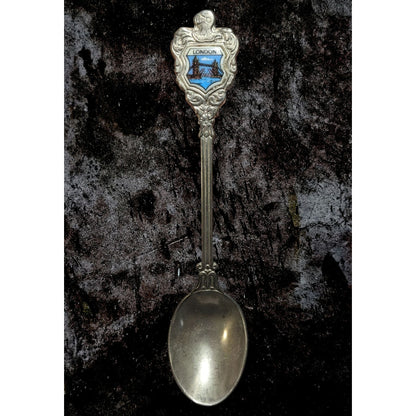 Vintage Travel Silver Tone Blue London Tower Bridge Souvenir Spoon 5 Inch