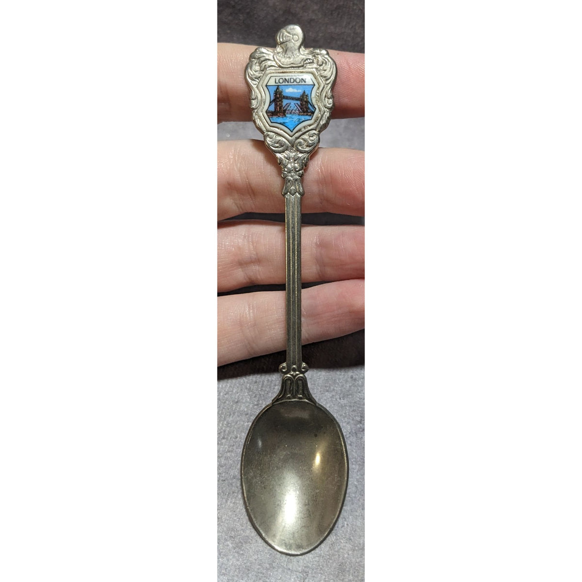 Vintage Travel Silver Tone Blue London Tower Bridge Souvenir Spoon 5 Inch