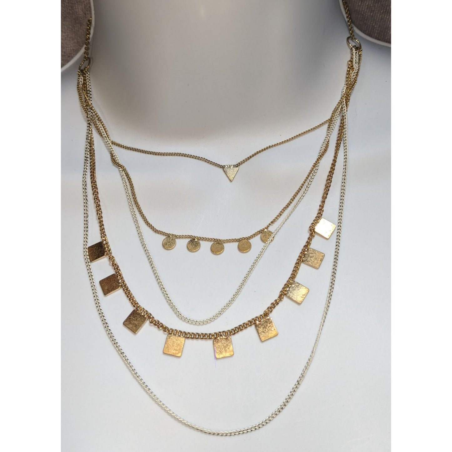 Multi-Layered Gold Tone Chain Necklace With Geometric Charms Adjustable