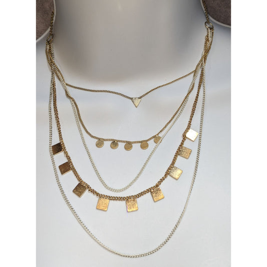 Multi-Layered Gold Tone Chain Necklace With Geometric Charms Adjustable