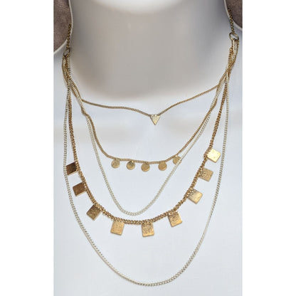 Multi-Layered Gold Tone Chain Necklace With Geometric Charms Adjustable
