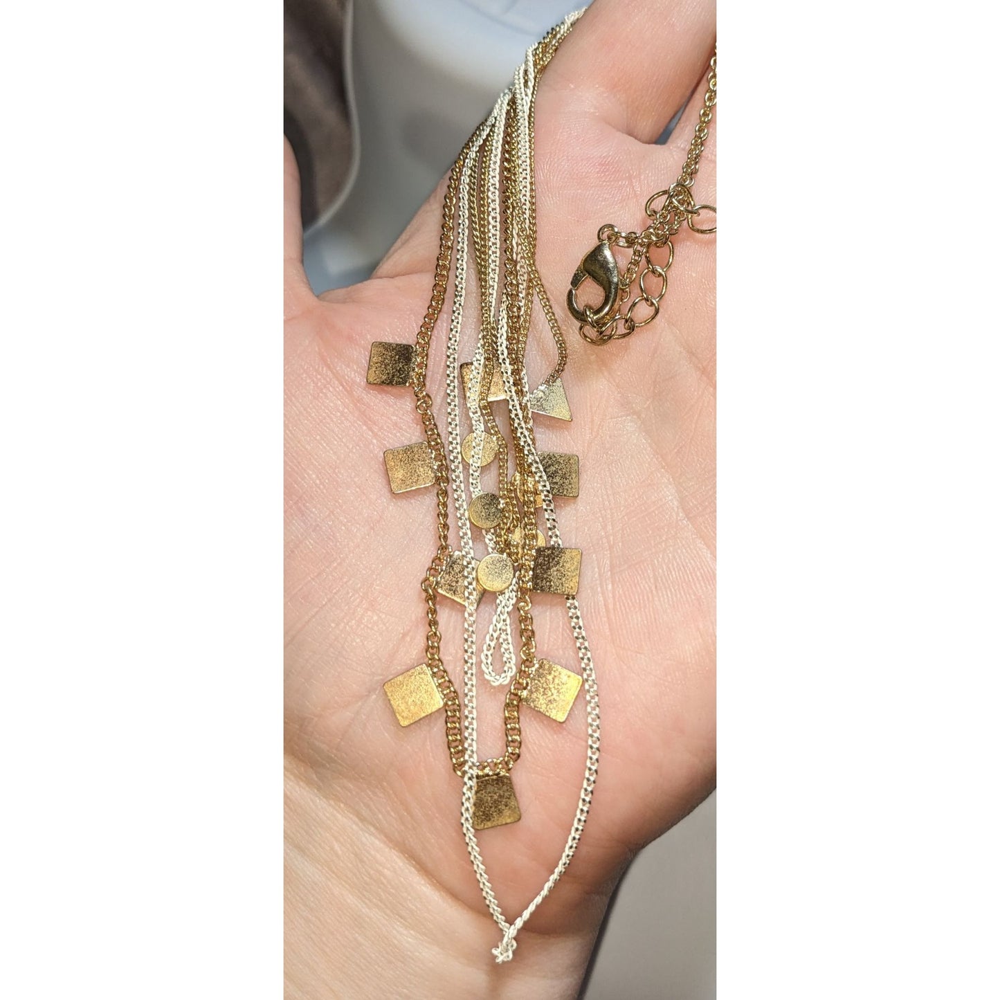 Multi-Layered Gold Tone Chain Necklace With Geometric Charms Adjustable