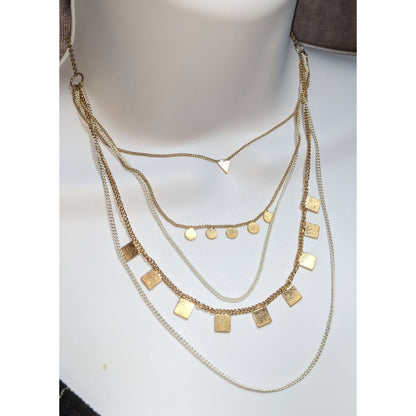 Multi-Layered Gold Tone Chain Necklace With Geometric Charms Adjustable