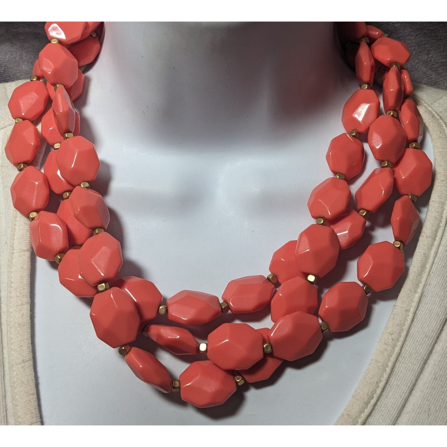 Premier Designs Chunky Beaded Coral And Gold Tone Multilayer Necklace