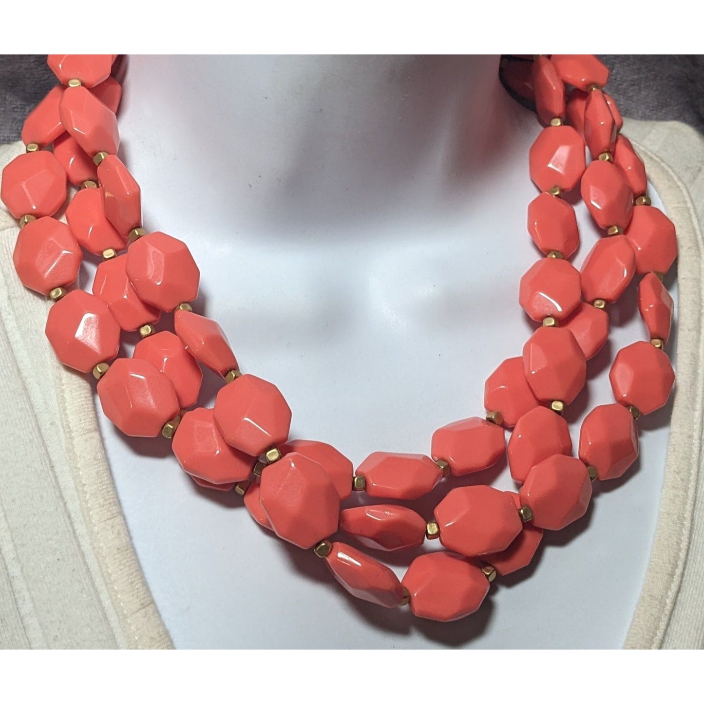 Premier Designs Chunky Beaded Coral And Gold Tone Multilayer Necklace