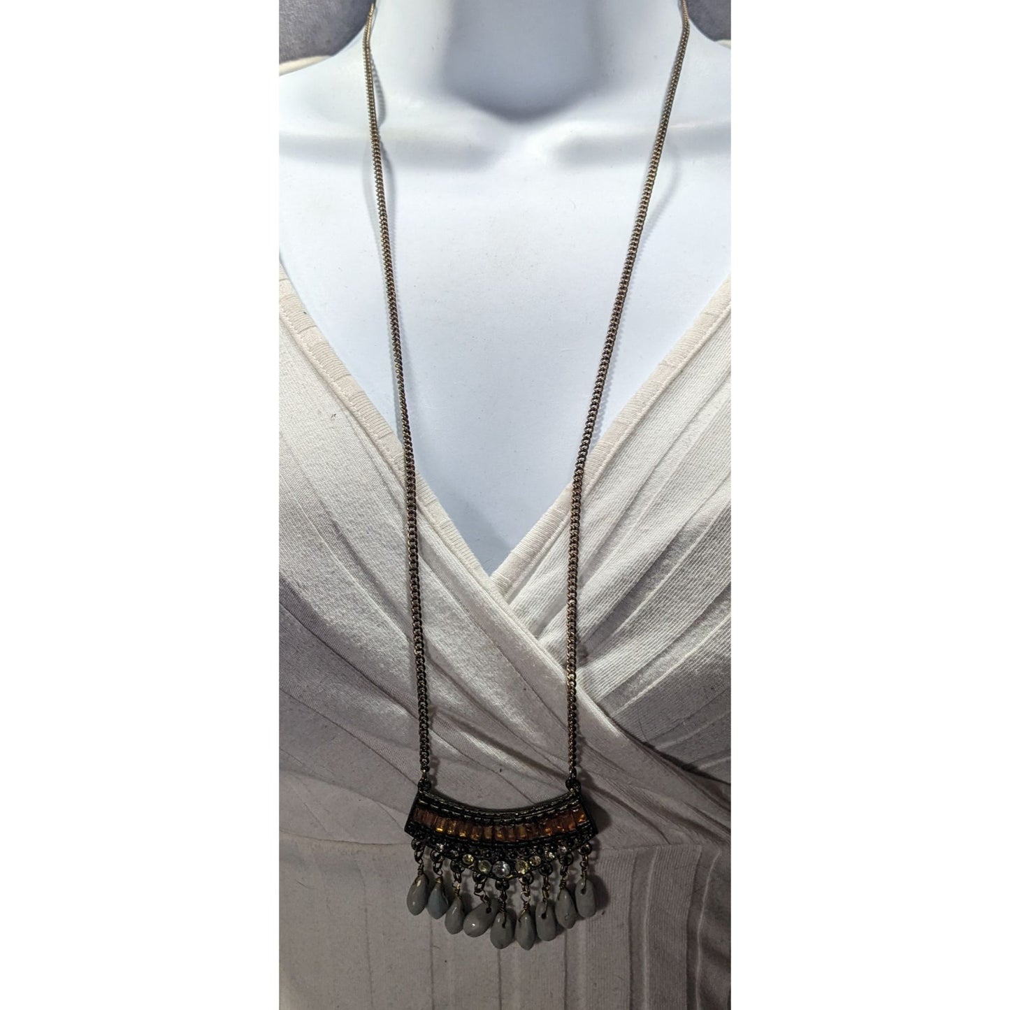 Bohemian Indie Rhinestone Gemmed Fringe Pendant Necklace