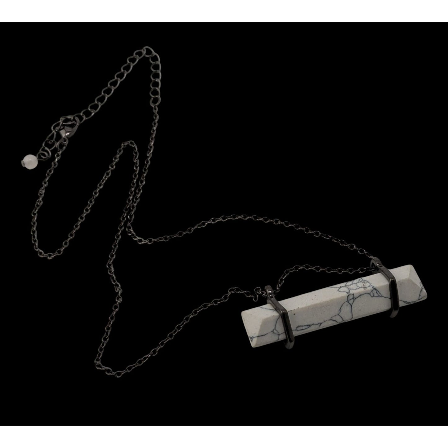 Modern Marbled Howlite Bar Pendant Necklace With Gunmetal Tone Chain