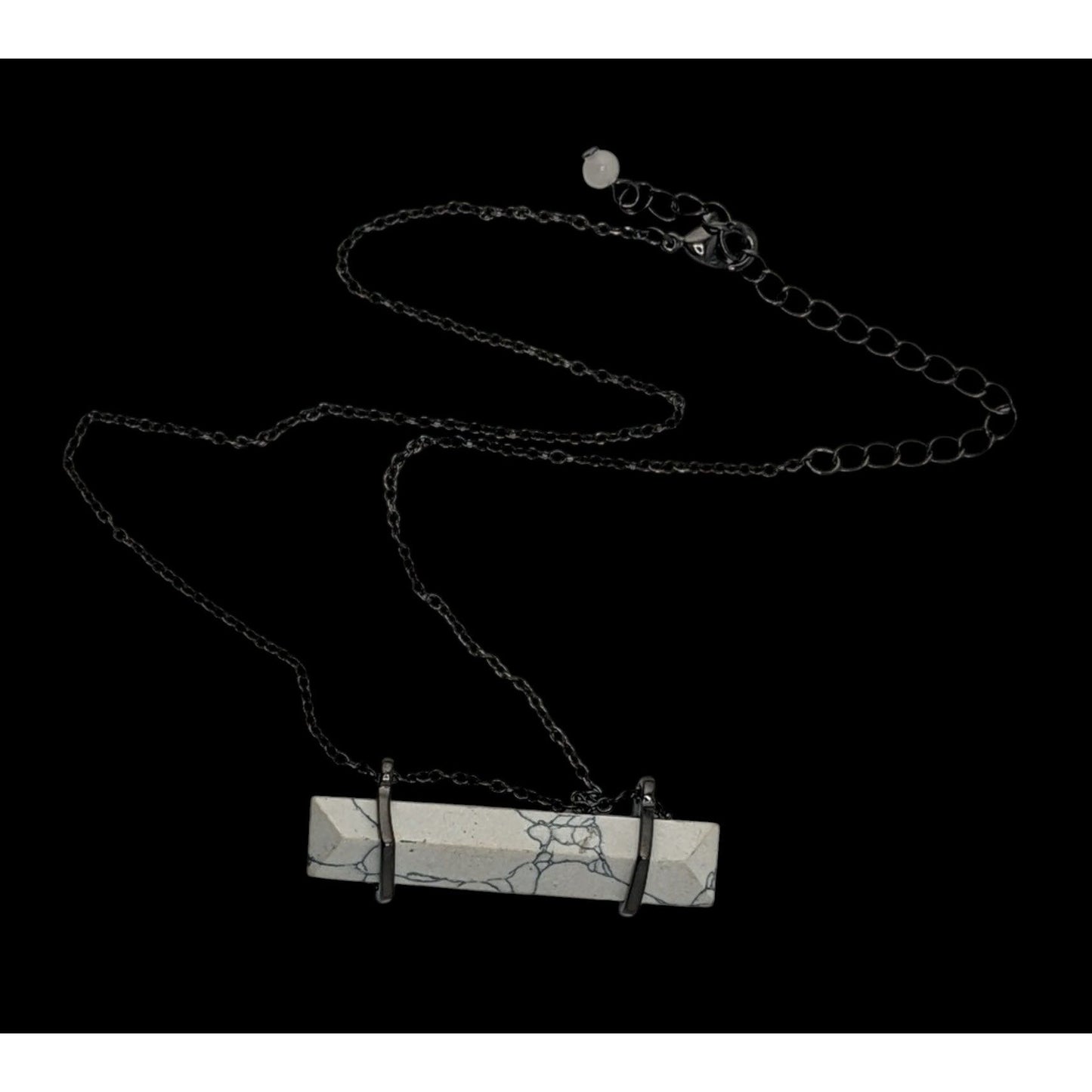 Modern Marbled Howlite Bar Pendant Necklace With Gunmetal Tone Chain