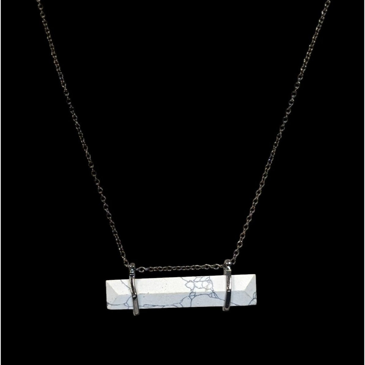 Modern Marbled Howlite Bar Pendant Necklace With Gunmetal Tone Chain