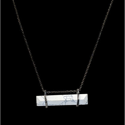 Modern Marbled Howlite Bar Pendant Necklace With Gunmetal Tone Chain