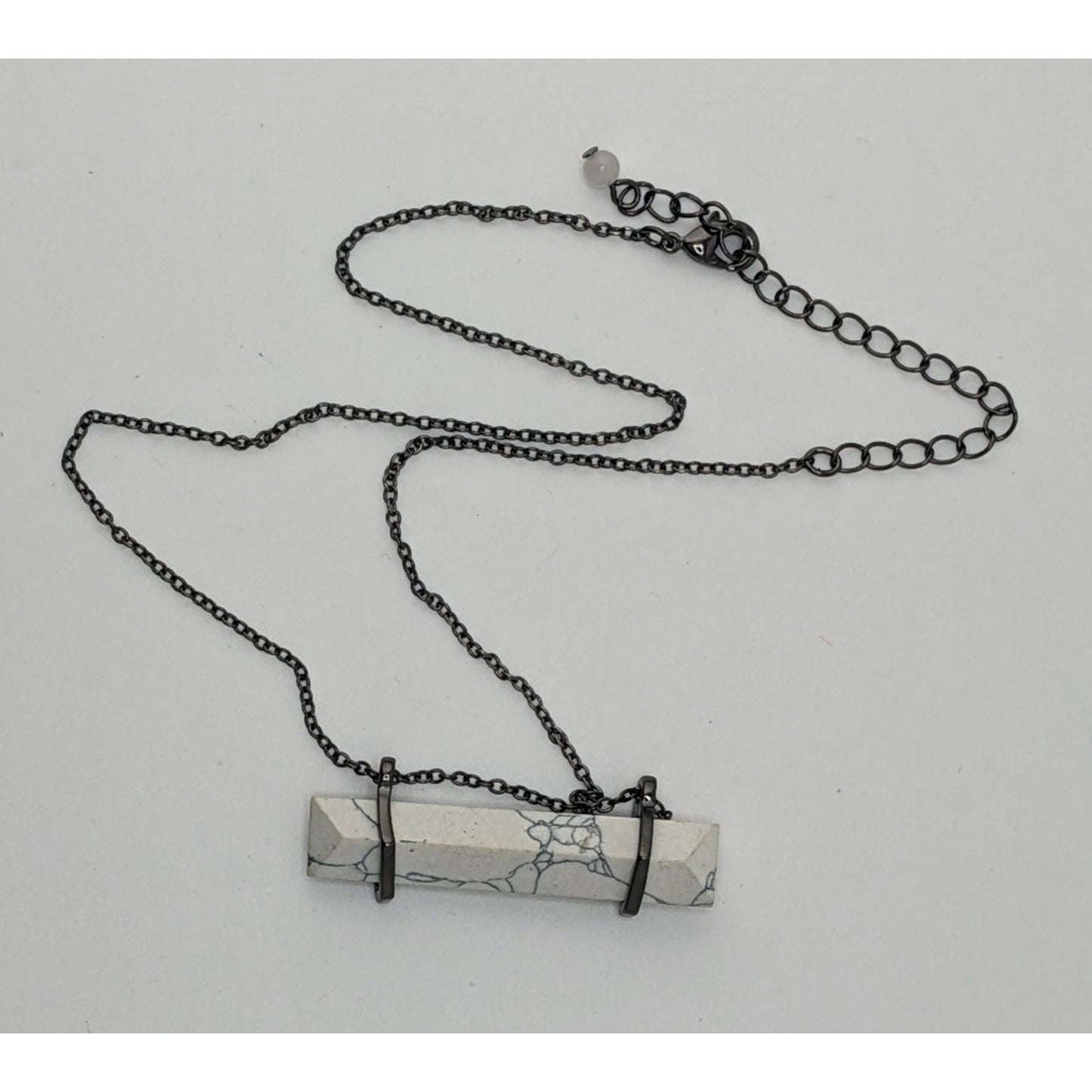 Modern Marbled Howlite Bar Pendant Necklace With Gunmetal Tone Chain