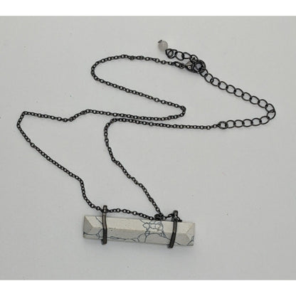 Modern Marbled Howlite Bar Pendant Necklace With Gunmetal Tone Chain