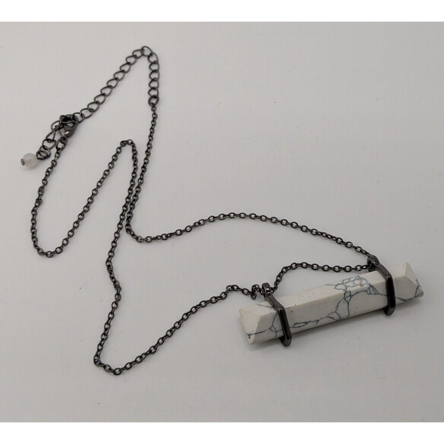 Modern Marbled Howlite Bar Pendant Necklace With Gunmetal Tone Chain