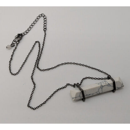 Modern Marbled Howlite Bar Pendant Necklace With Gunmetal Tone Chain