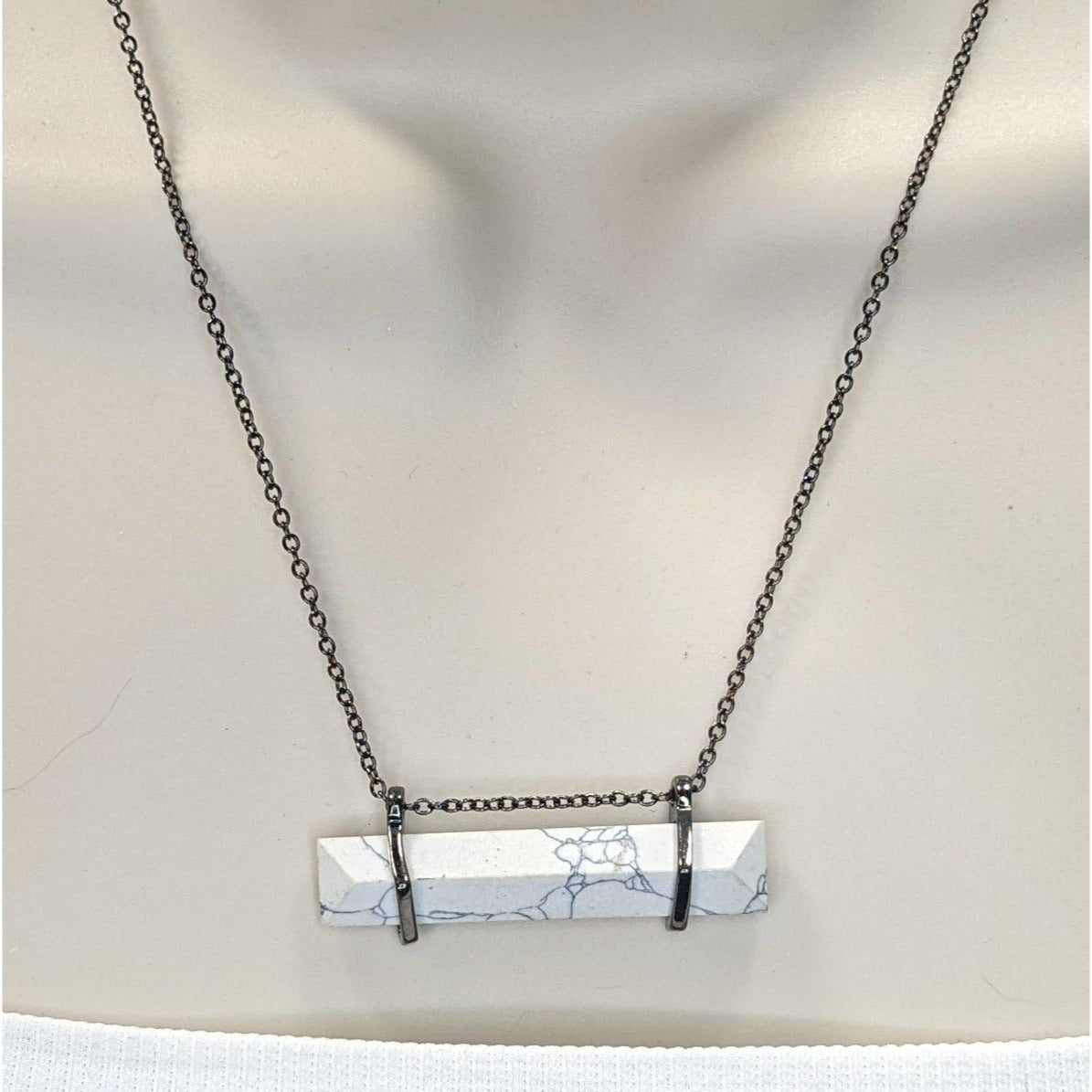 Modern Marbled Howlite Bar Pendant Necklace With Gunmetal Tone Chain