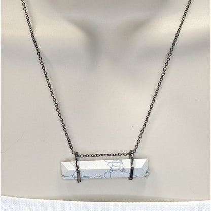 Modern Marbled Howlite Bar Pendant Necklace With Gunmetal Tone Chain