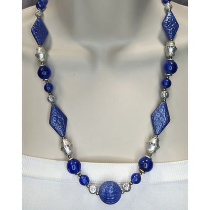 Boho Retro Statement Vintage Blue Lucite Beaded Silver Tone Necklace