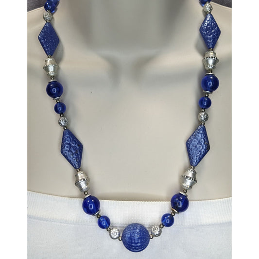 Boho Retro Statement Vintage Blue Lucite Beaded Silver Tone Necklace